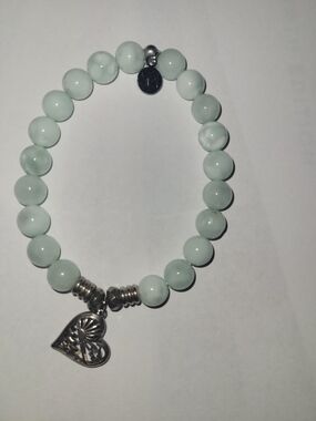 T. Jazelle Aquamarine Jade Rising Sun Heart Charm Stretch Bracelet